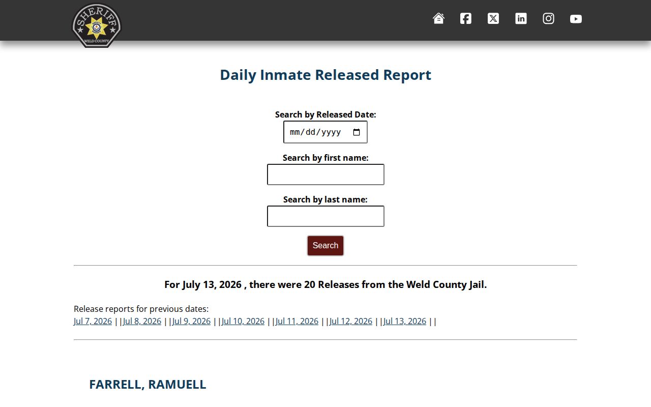 Weld County 24 hour release list daily inmate released report