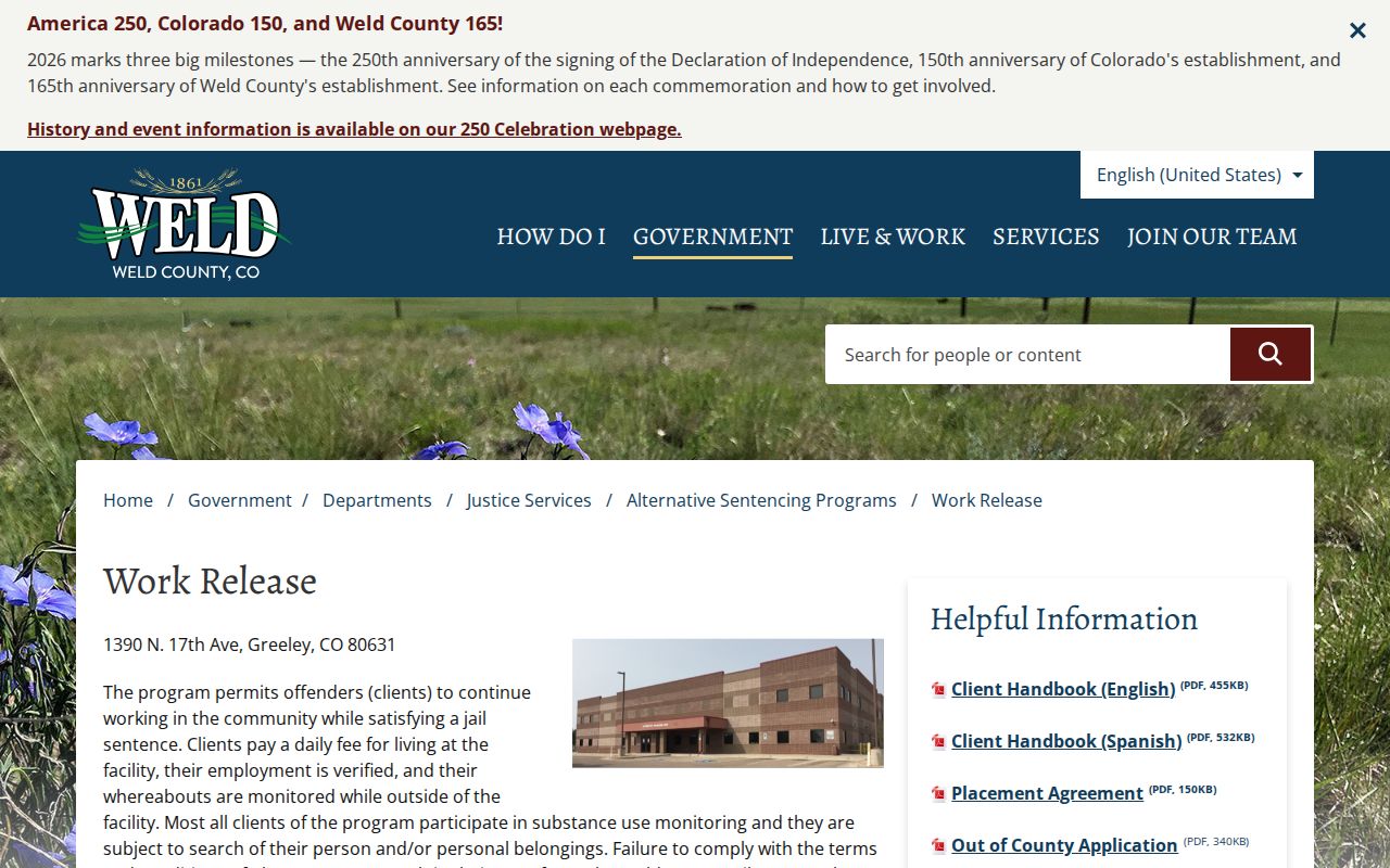 Weld County Work Release sentence release program source