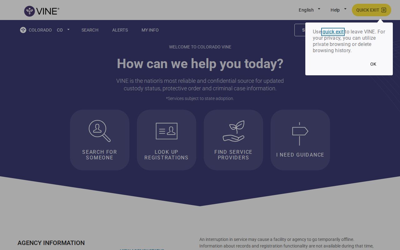 Weld County VINELink inmate check Colorado VINE landing page